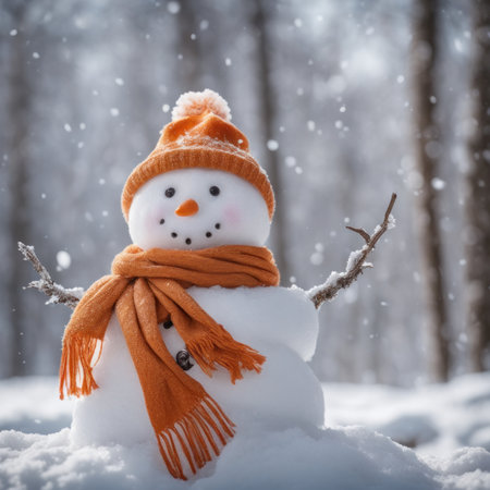 A Cute snowman wearing an orange color scarf on a snowy area and a bokeh snowy backgroundの素材