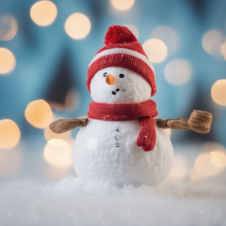 Cute snowman wearing red scarf on a snowy area and bokeh light backgroundの素材