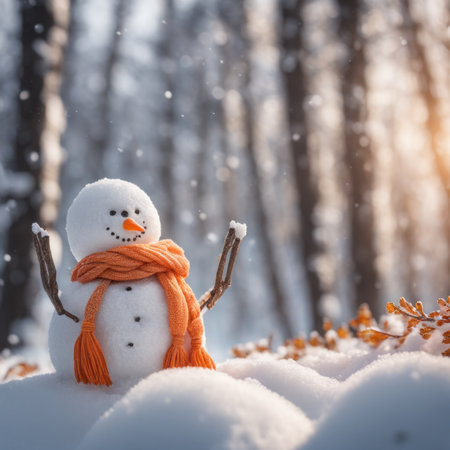 A Cute snowman wearing an orange color scarf on a snowy area and a bokeh snowy backgroundの素材