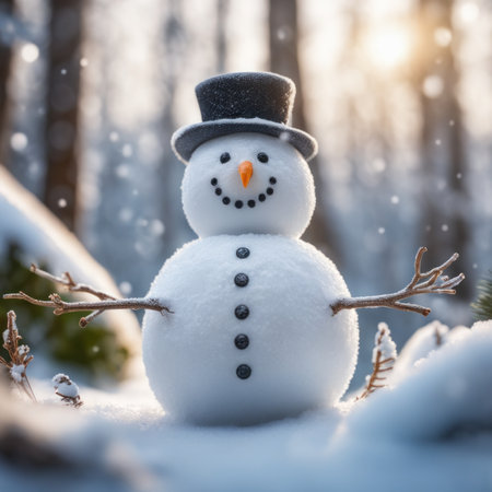 A Cute snowman on a snowy area and bokeh snow backgroundの素材