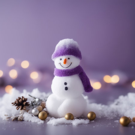 Cute snowman wearing purple scarf on a snowy area and bokeh light backgroundの素材