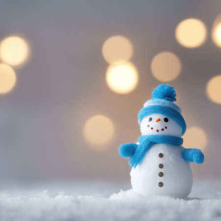 Cute snowman wearing blue scarf on a snowy area and bokeh light backgroundの素材