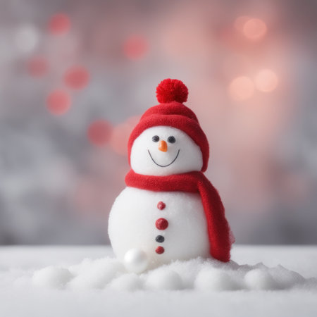Cute snowman wearing red scarf on a snowy area and bokeh light backgroundの素材