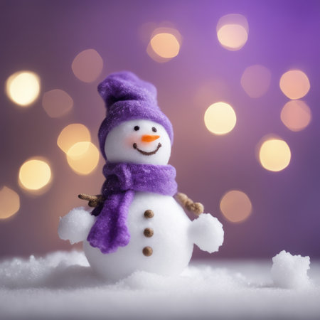 Cute snowman wearing purple scarf on a snowy area and bokeh light backgroundの素材