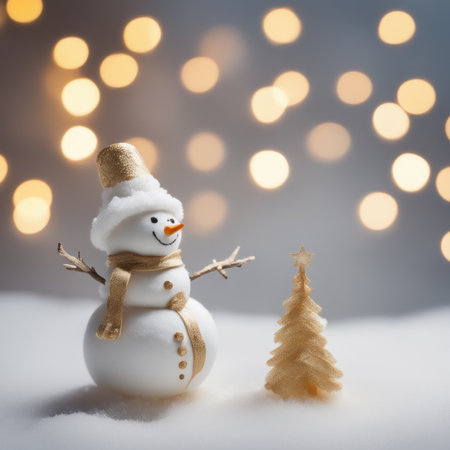 Cute snowman wearing golden scarf on a snowy area and bokeh light backgroundの素材