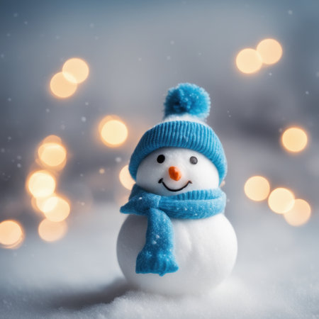 Cute snowman wearing blue scarf on a snowy area and bokeh light backgroundの素材