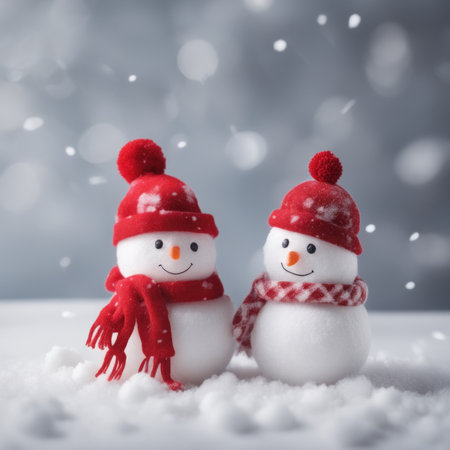 Cute snowman wearing red scarf on a snowy area and bokeh light backgroundの素材