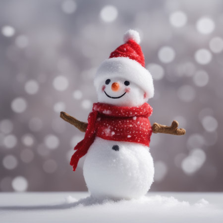 Cute snowman wearing red scarf on a snowy area and bokeh light backgroundの素材
