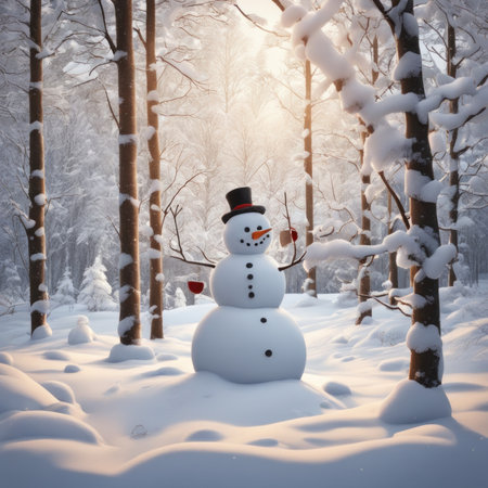 A Cute snowman on a snowy area and bokeh snow backgroundの素材