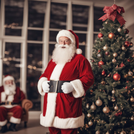 Santa Claus in a living room with decorated Christmas tree with christmas ornamet and gift boxの素材