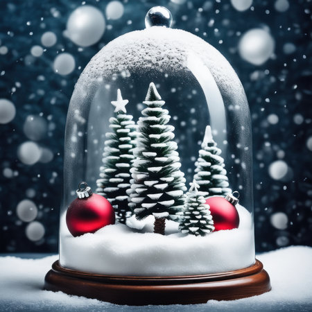 Christmas trees and balls under snow in a glass dome. Creative still life with copy spaceの素材