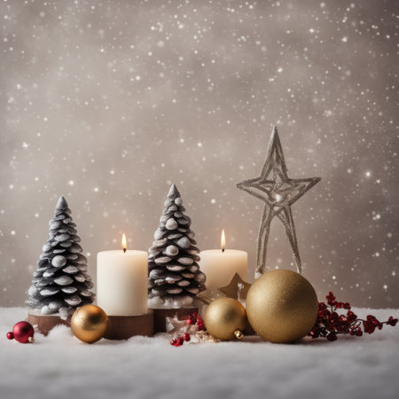 Home is decorated with Christmas ornaments, and gift boxes, as well as a light decoration with candles.の素材