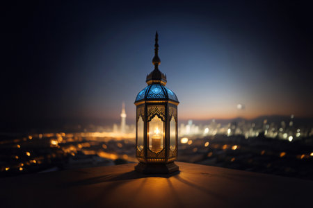 An ornamental Arabic lantern with colorful glass glowing. The blurred city showing in the background. A greeting for Ramadan and Eid.の素材