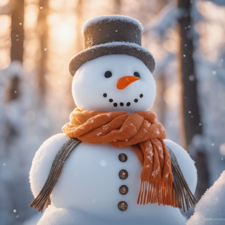 A Cute snowman wearing an orange color scarf on a snowy area and a bokeh snowy backgroundの素材