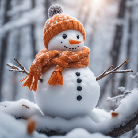 A Cute snowman wearing an orange color scarf on a snowy area and a bokeh snowy backgroundの素材