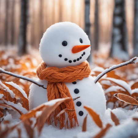 A Cute snowman wearing an orange color scarf on a snowy area and a bokeh snowy backgroundの素材