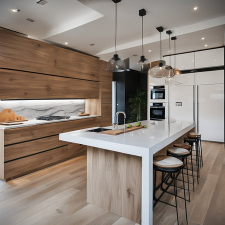 Modern Kitchen Interior with Kitchen Appliances and Dining Tableの素材