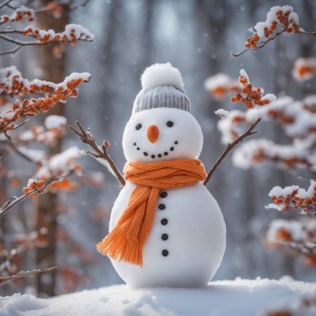 A Cute snowman wearing an orange color scarf on a snowy area and a bokeh snowy backgroundの素材