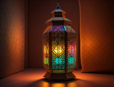 An ornamental Arabic lantern with colorful glass glowing on a glowing dark background, a greeting for Ramadan and Eid.の素材