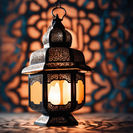 An ornamental Arabic lantern with colorful light glowing in the street in the evening.の素材