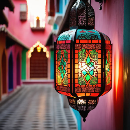 An ornamental Arabic lantern with colorful light glowing in the street in the evening.の素材