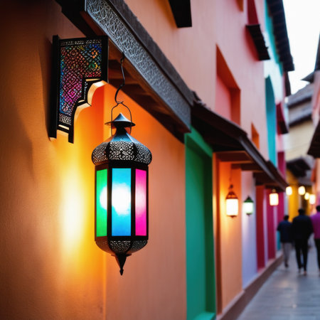 An ornamental Arabic lantern with colorful glass glowing. The blurred city showing in the background. A greeting for Ramadan and Eid.の素材