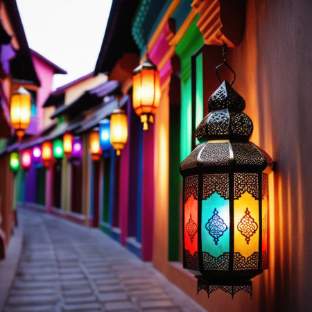 An ornamental Arabic lantern with colorful glass glowing. The blurred city showing in the background. A greeting for Ramadan and Eid.の素材
