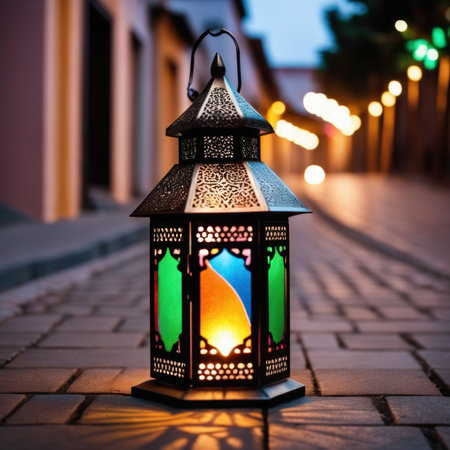 An ornamental Arabic lantern with colorful glass glowing. The blurred city showing in the background. A greeting for Ramadan and Eid.の素材