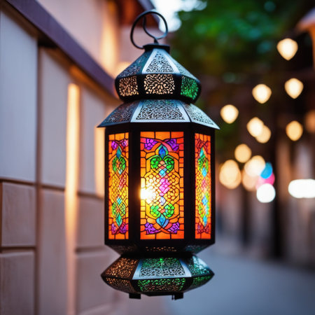 An ornamental Arabic lantern with colorful glass glowing. The blurred city showing in the background. A greeting for Ramadan and Eid.の素材