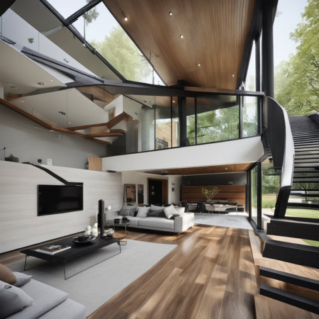 Living room in a bright modern house open floor plan minimalist style.の素材