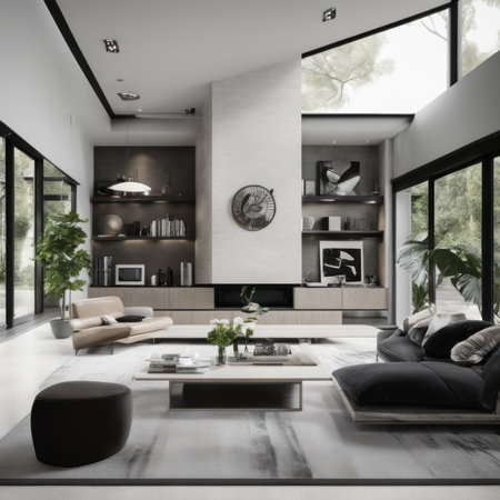 Living room in a bright modern house open floor plan minimalist style.の素材