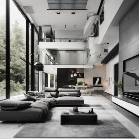 Living room in a bright modern house open floor plan minimalist style.の素材