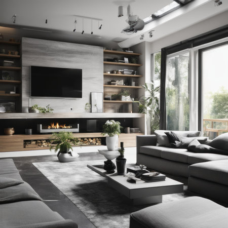 Living room in a bright modern house open floor plan minimalist style.の素材