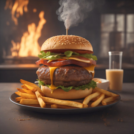 The fresh and delicious cheeseburger with fries on a table against blurred Restaurant background.の素材