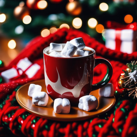 A cozy mug of hot coffee drink with marshmallows with candy on a red knitted blanket against the background of Christmas tree toys and gift boxes.の素材
