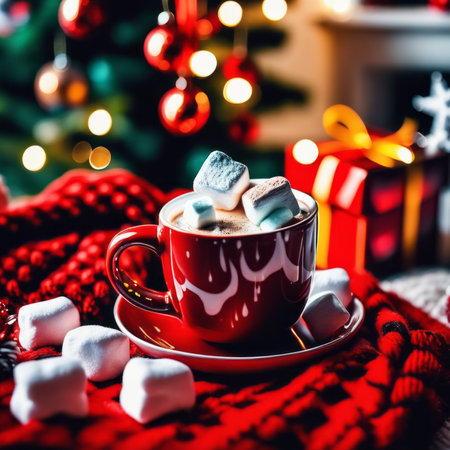 A cozy mug of hot coffee drink with marshmallows with candy on a red knitted blanket against the background of Christmas tree toys and gift boxes.の素材