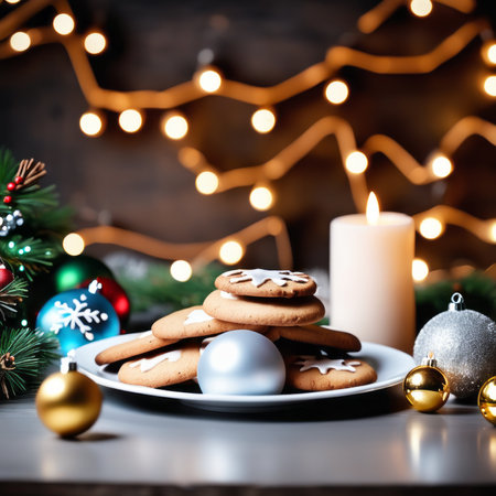 Christmas table decoration with Christmas cookies, Christmas balls and fairy lights.の素材