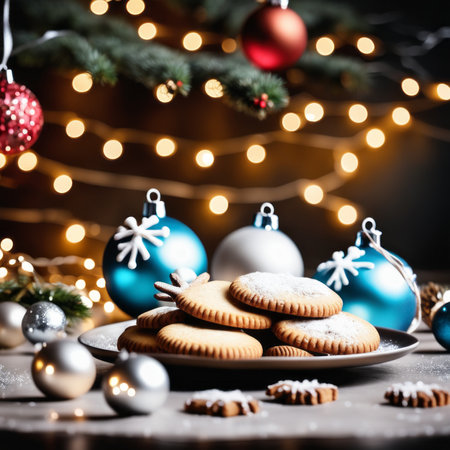 Christmas table decoration with Christmas cookies, Christmas balls and fairy lights.の素材