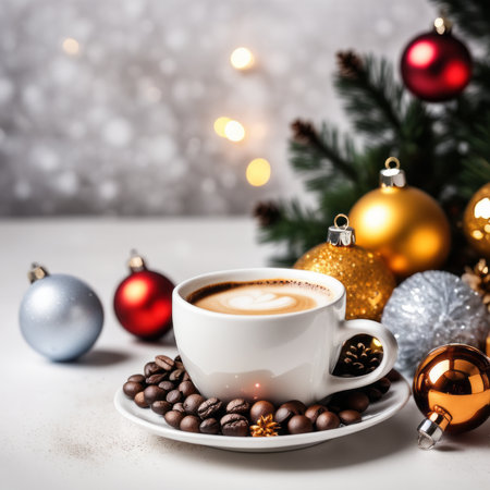 Coffee cup with Christmas ornaments and decoration on white backgroundの素材