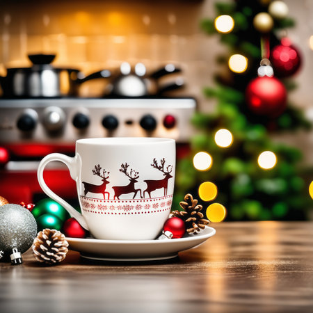 Coffee cup with Christmas ornaments and decoration on wooden backgroundの素材