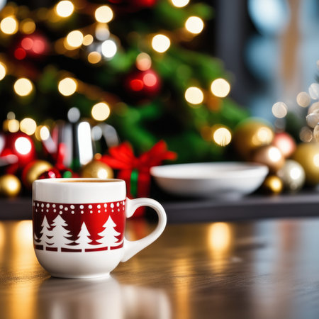 Coffee cup with Christmas ornaments and decoration on wooden backgroundの素材