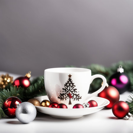 Coffee cup with Christmas ornaments and decoration on white backgroundの素材