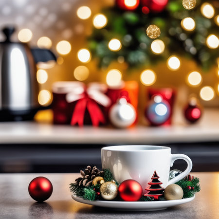 Coffee cup with Christmas ornaments and decoration on wooden backgroundの素材