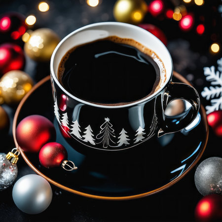 Coffee cup with Christmas ornaments and decoration on Black Ceramic backgroundの素材