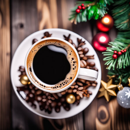 Coffee cup with Christmas ornaments and decoration on table with kitchen blurred backgroundの素材