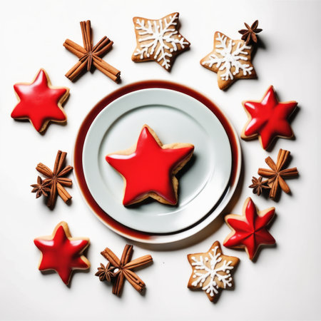 Christmas cookies in the shape of a star on a plate. Spices and walnuts are on the table.の素材
