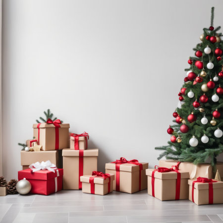 Christmas tree and presents in a luxurious apartment with snowy city viewの素材