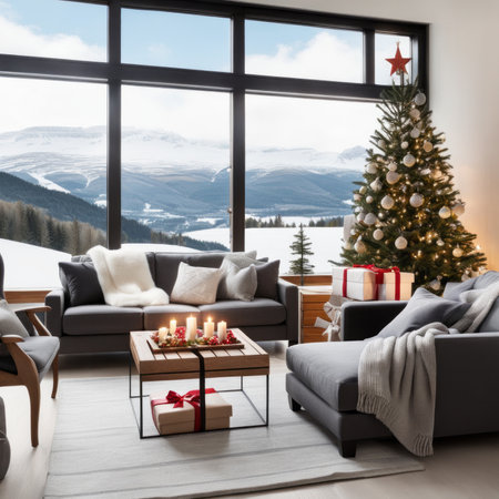 Christmas tree and presents in a luxurious apartment with snowy city viewの素材