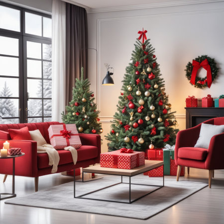 Modern living room decorated with Christmas trees, presents, and Christmas gift boxes under the tree.の素材