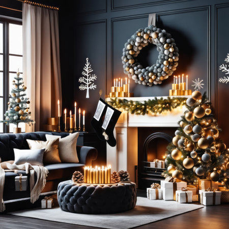 The Living Room is decorated in dark colors with Christmas ornaments on the tree and a Christmas gift box on the floor.の素材